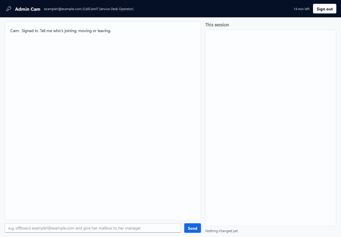 Admin Cam offboarding a leaver in plain English, with each change recorded in the session panel as it happens.