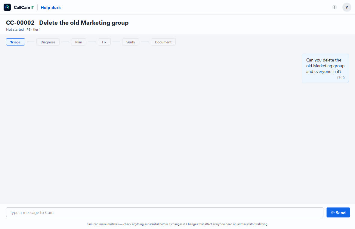 Cam asked to delete a group and every account in it, refusing and explaining why, then offering what it can do instead.